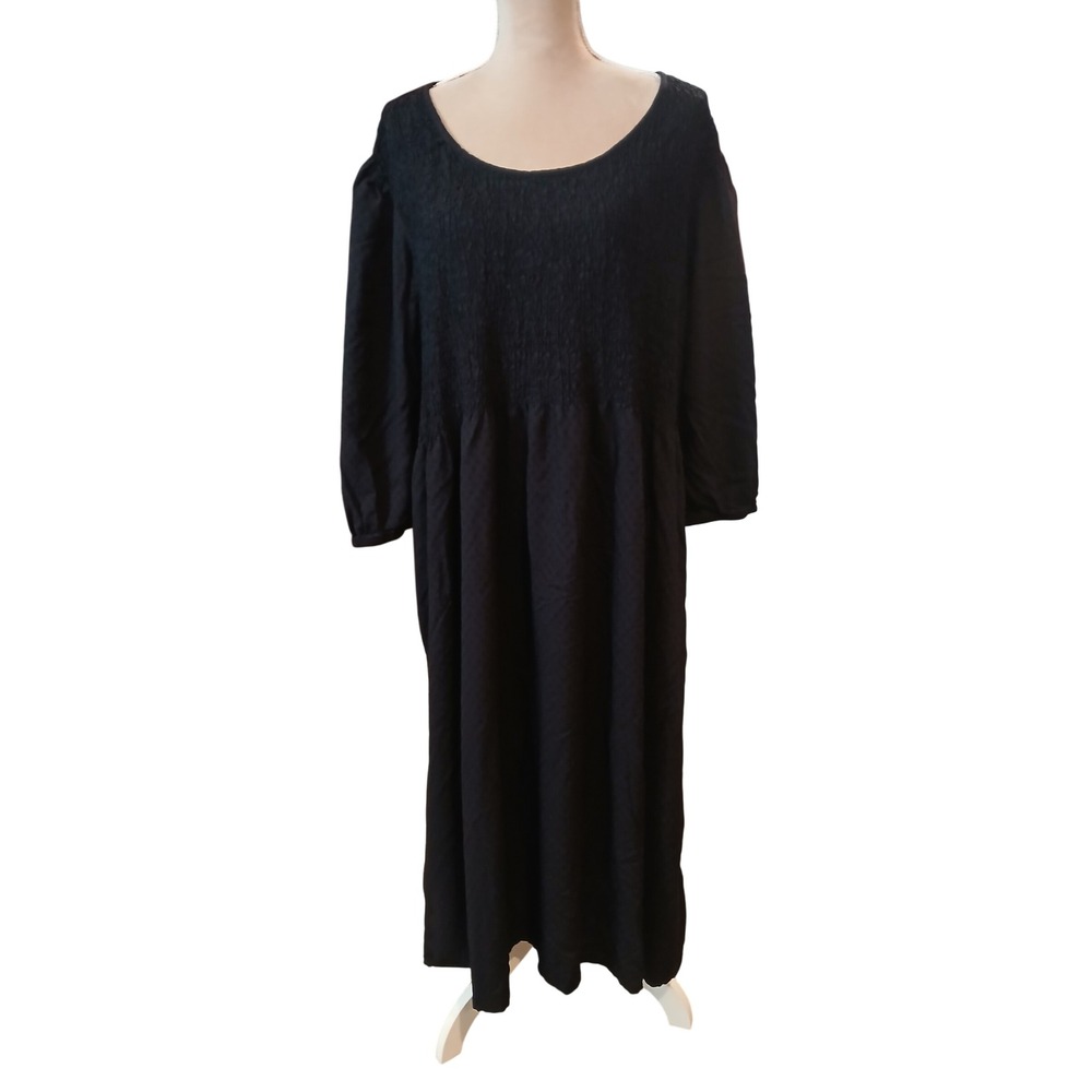 Plus 3x Black Smocked Swiss Dot Midi Dress Long Sleeve Scoop Neck Pockets Womens